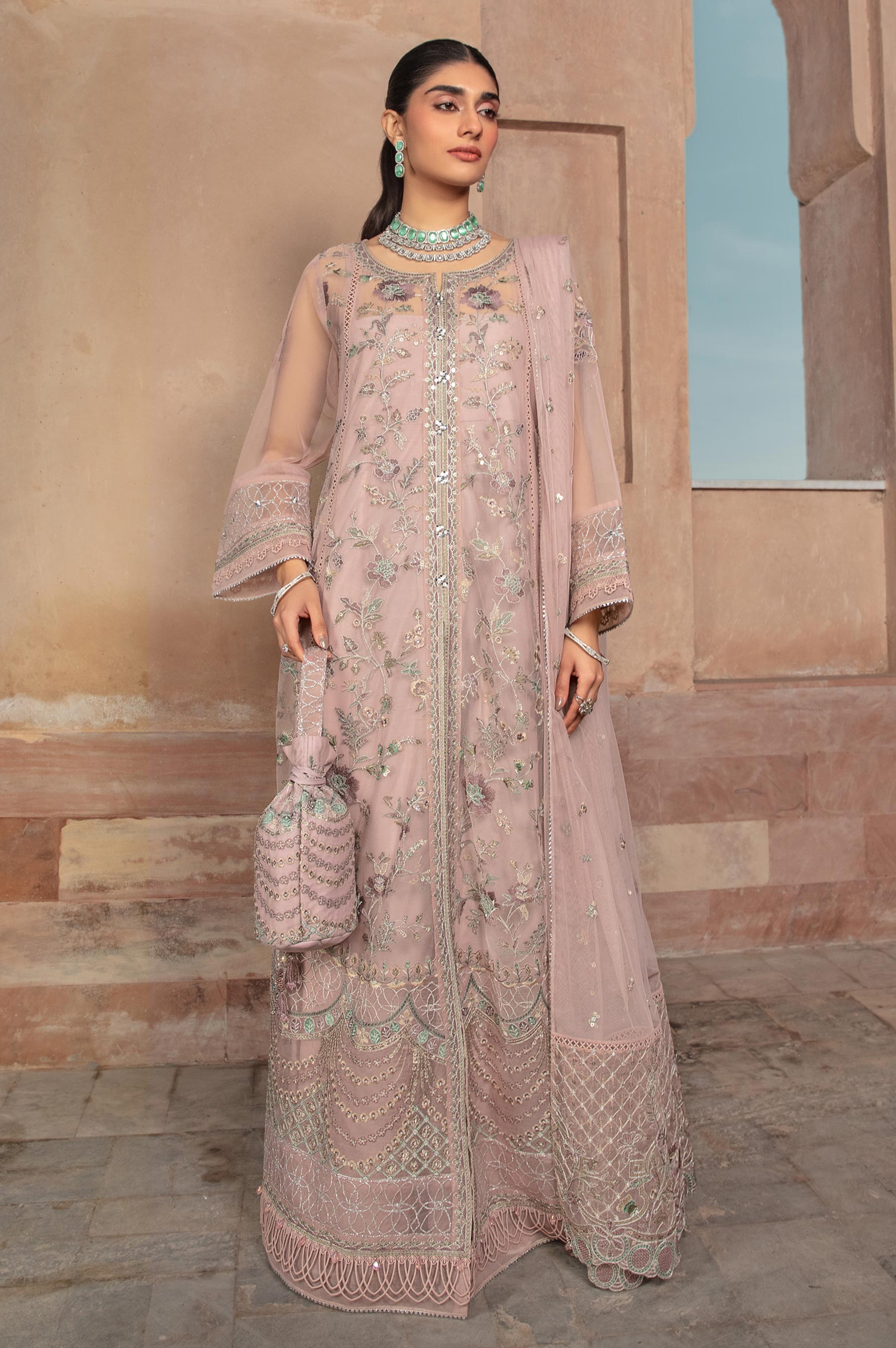 2 Piece Embroidered Net Suit